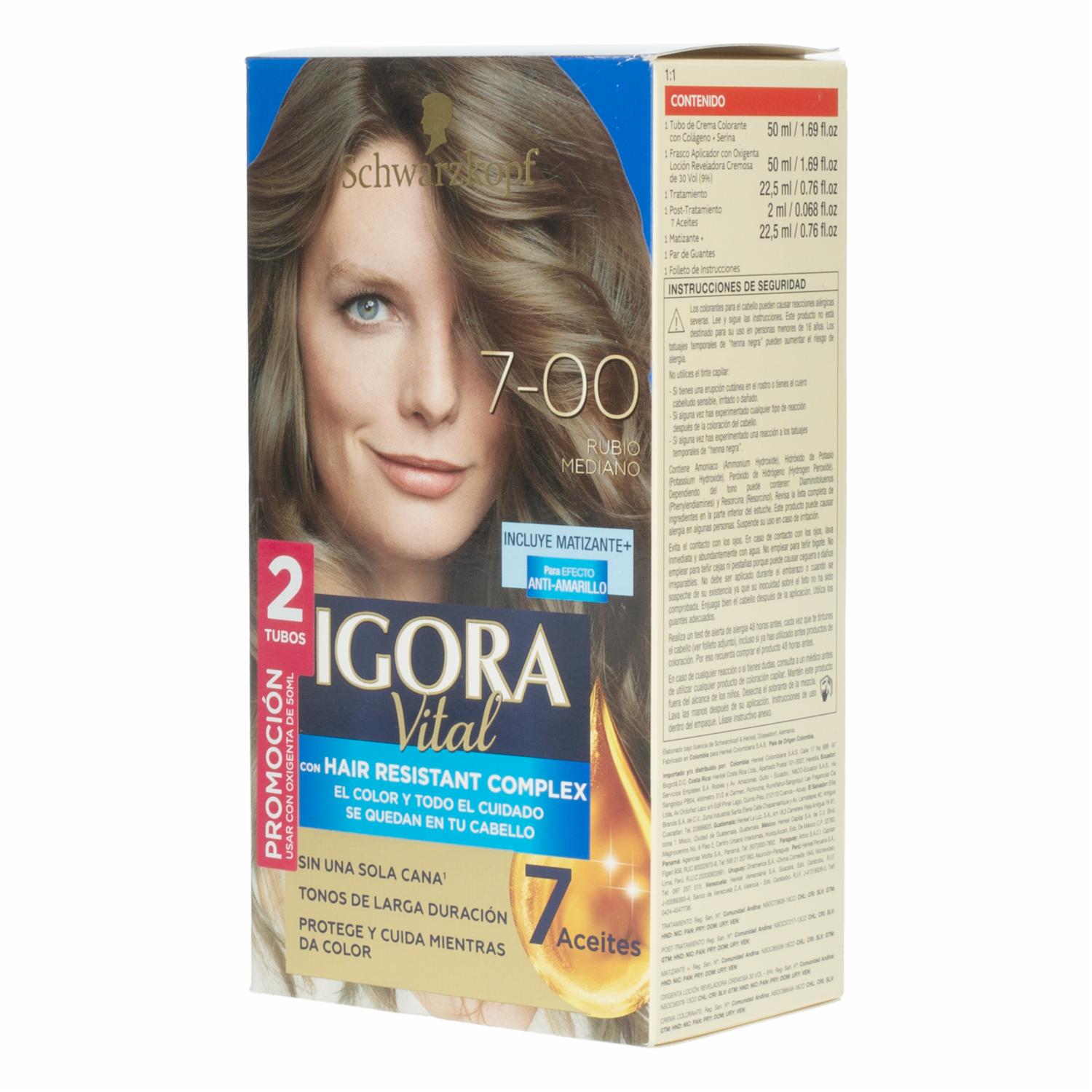 Tinte De Cabello Capilar Doble Tubo Rubio Medio 7-00 IGORA VITAL Unidad