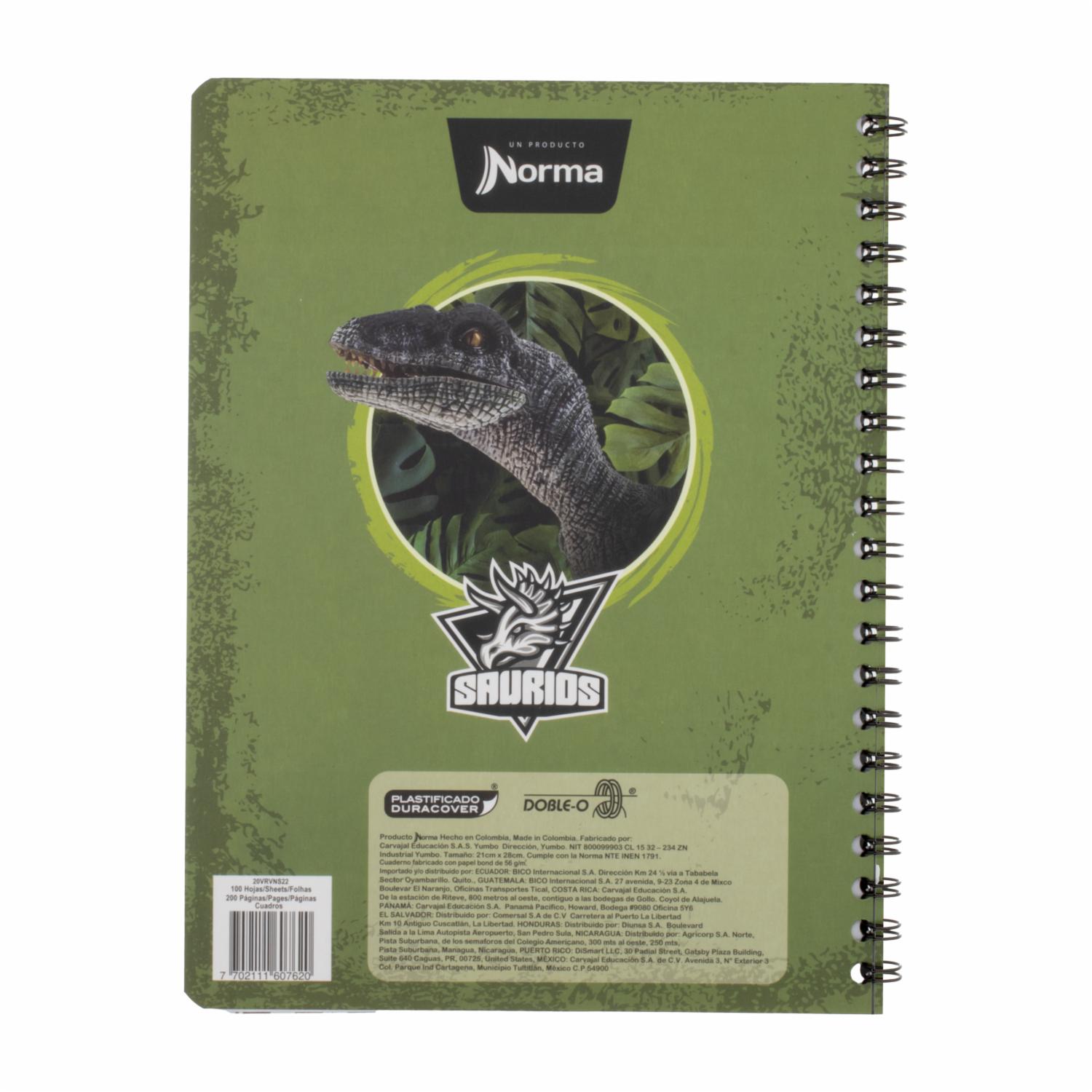 Cuaderno Universitario Saurios 105 Cuadros NORMA 100 Hojas