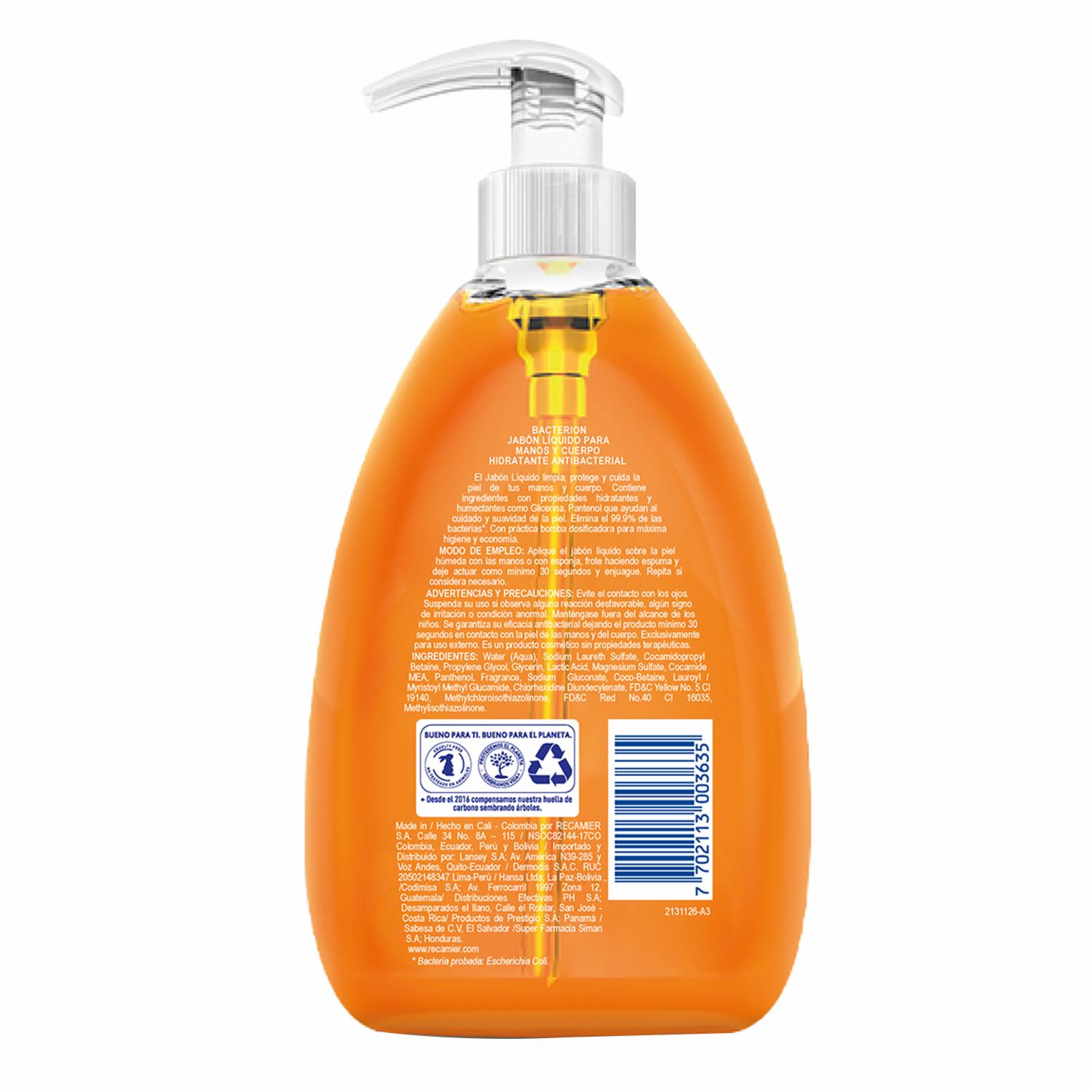 Jabón Líquido Para Manos Y Cuerpo Hidratante Antibacterial BACTERION 300 Ml - Imagen 2