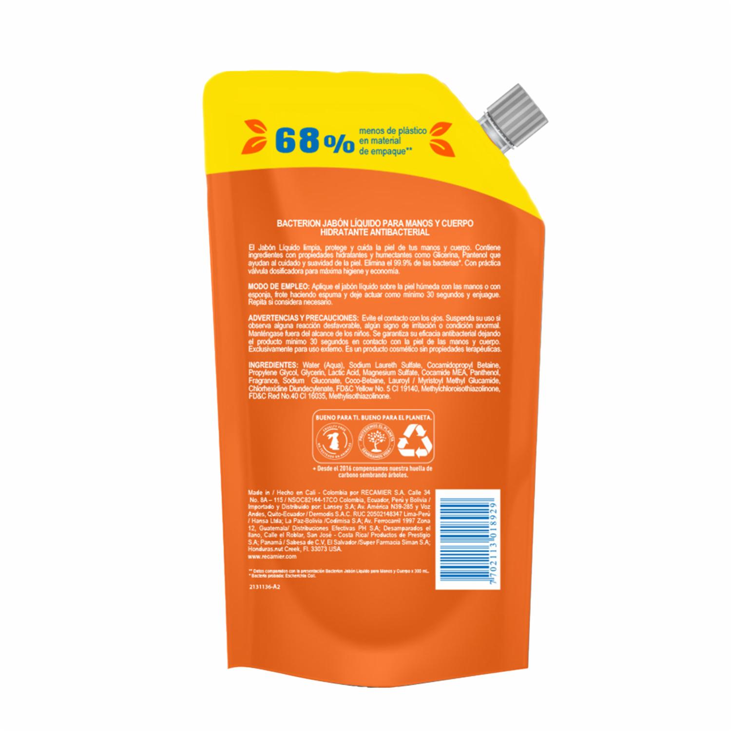 Jabón Líquido Para Manos Y Cuerpo Hidratante Antibacterial BACTERION 500 Ml - Imagen 2
