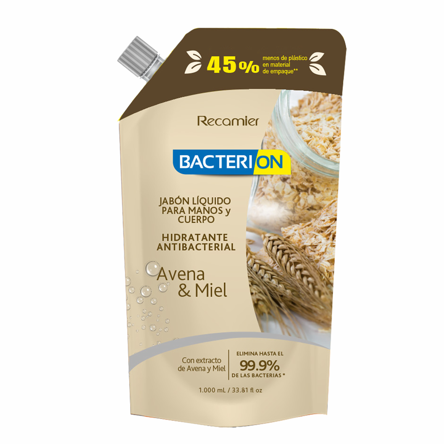 Jabón Líquido Para Manos Y Cuerpo Hidratante Antibacterial Avena Y Miel BACTERION 1000 Ml - Imagen 2