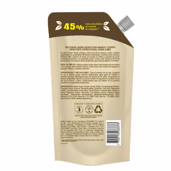 Jabón Líquido Para Manos Y Cuerpo Hidratante Antibacterial Avena Y Miel BACTERION 1000 Ml - Imagen 2