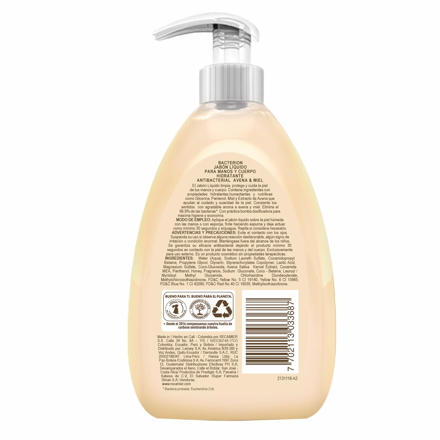 Jabón Líquido Para Manos Y Cuerpo Hidratante Antibacterial Avena Y Miel BACTERION 300 Ml - Imagen 3