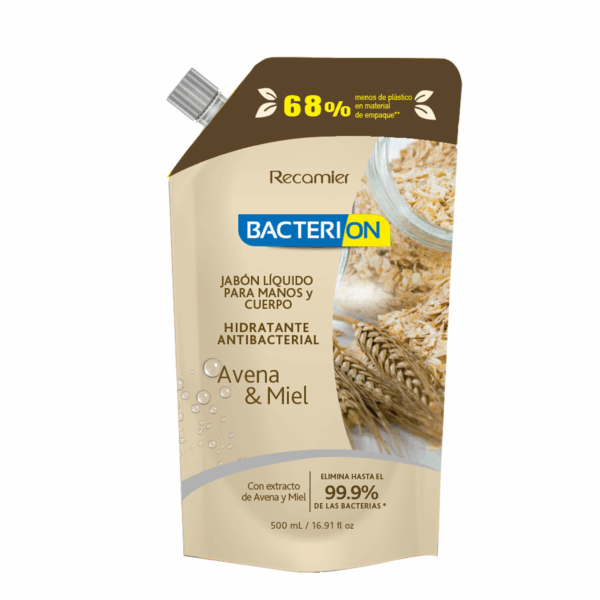 Jabón Líquido Para Manos Y Cuerpo Hidratante Antibacterial Avena Y Miel BACTERION 500 Ml - Imagen 2