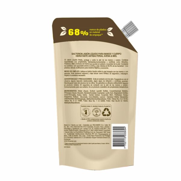Jabón Líquido Para Manos Y Cuerpo Hidratante Antibacterial Avena Y Miel BACTERION 500 Ml - Imagen 2