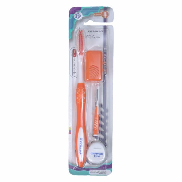Kit Higiene Bucal Ortodoncia Cepillo + Protector + Interdental + Seda CEPIMAX Pack X 4 Uds