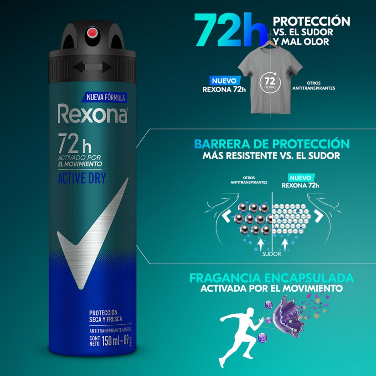 Desodorante En Aerosol Para Caballero Active Dry REXONA 150 Ml - Imagen 4