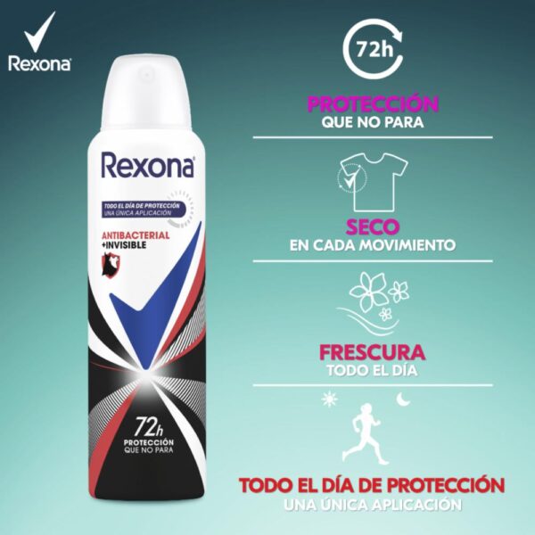 Desodorante En Aerosol Para Dama Spy Antibacterial Invisible REXONA 150 Ml - Imagen 3