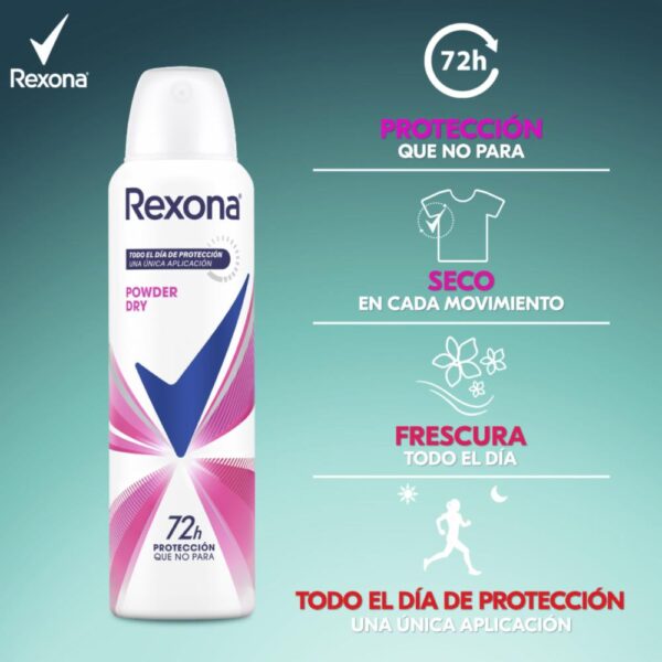 Desodorante En Aerosol Para Dama Antitranspirante Powder Dry REXONA 150 Ml - Imagen 3