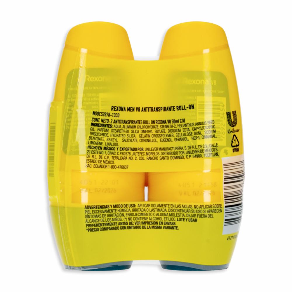 Desodorante Roll On Para Caballero Antitranspirante On V8 REXONA 2 X 50 Ml - Imagen 2