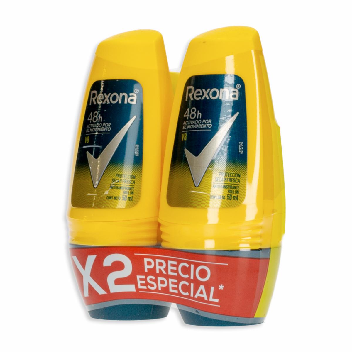 Desodorante En Roll On Para Caballero Antitranspirante On V8 REXONA 2 X 50 Ml