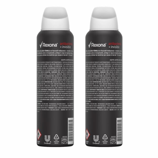 Desodorante En Aerosol Para Dama Invisible Antibacterial REXONA 2 X 150 Ml - Imagen 2