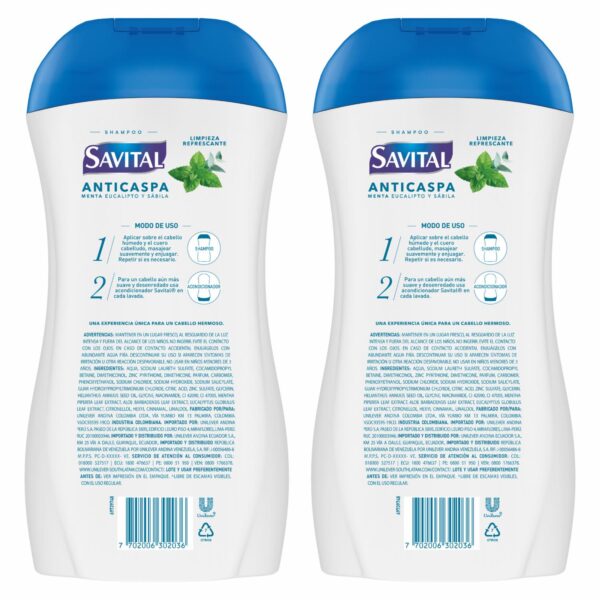 Shampoo Anticaspa Menta Y Eucalipto Pack SAVITAL 2 X 510 Ml - Imagen 2