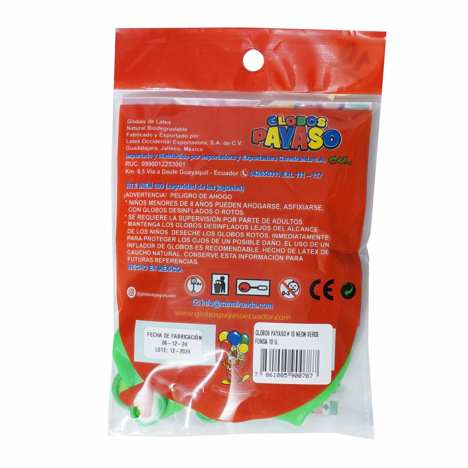 Globos Neón Verde N10 GLOBOS PAYASO X 10 Uds