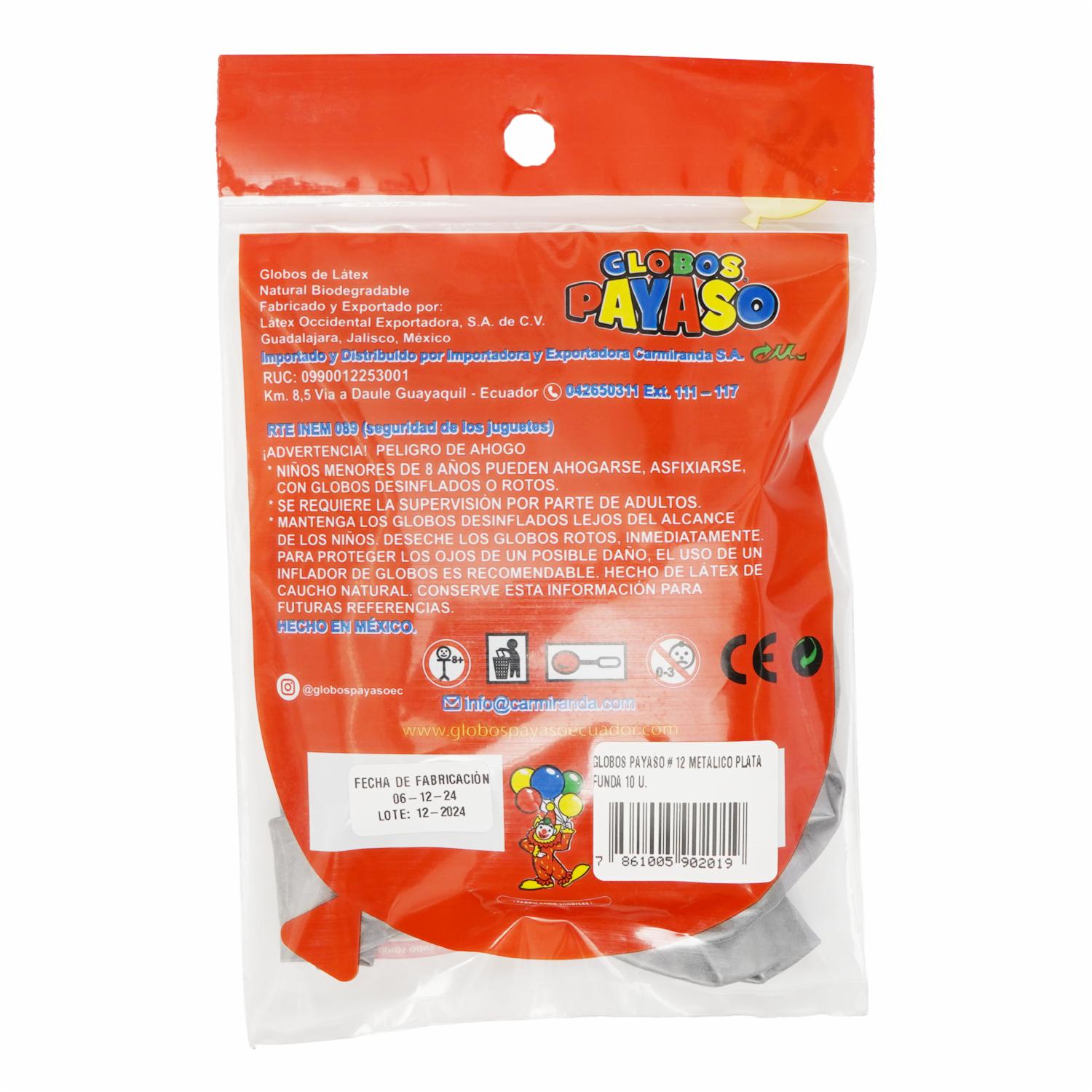 Globo Payaso N.12 Metálico Plata Funda GLOBOS PAYASO X 10 Unidades
