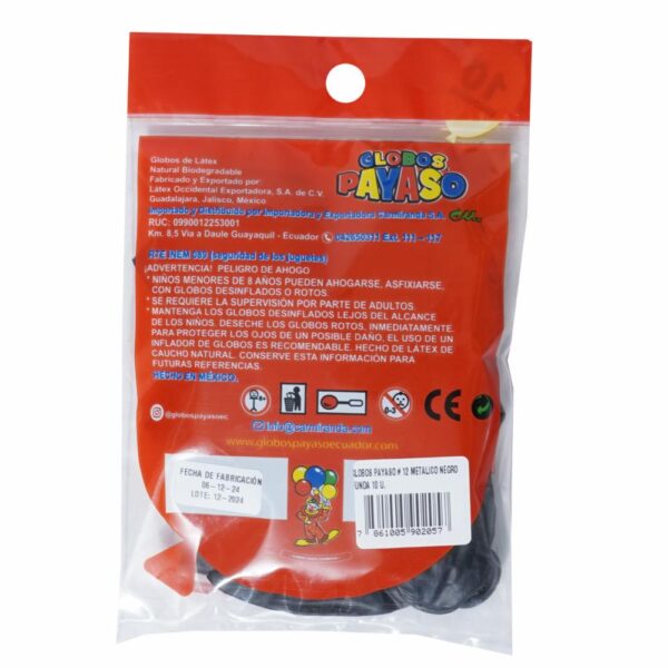 Globo Metálico N12 Negro Funda PAYASO X 12 Uds - Imagen 2