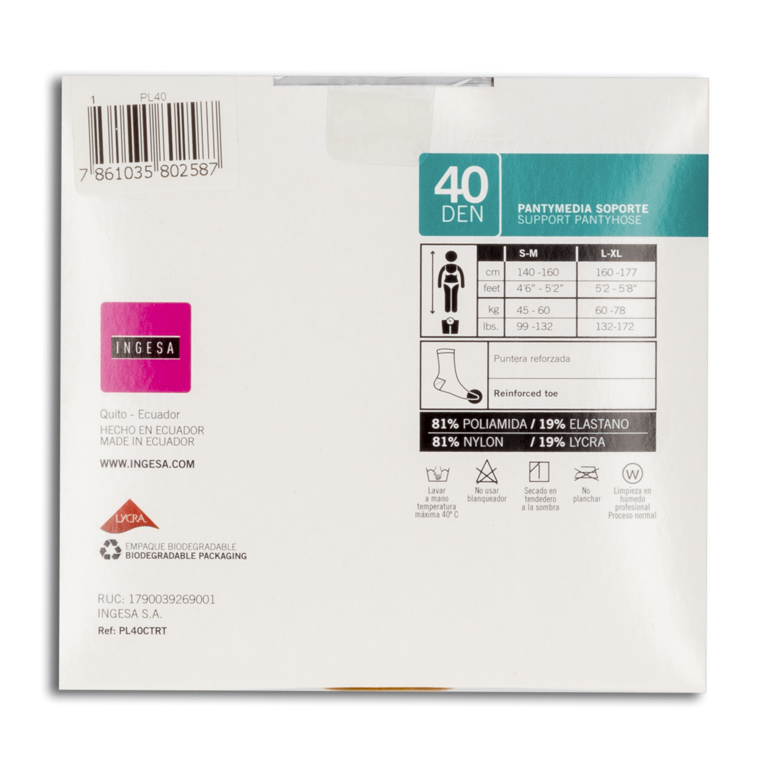 Panty Media Lycra Soporte Negro Verde 40 Den INGESA