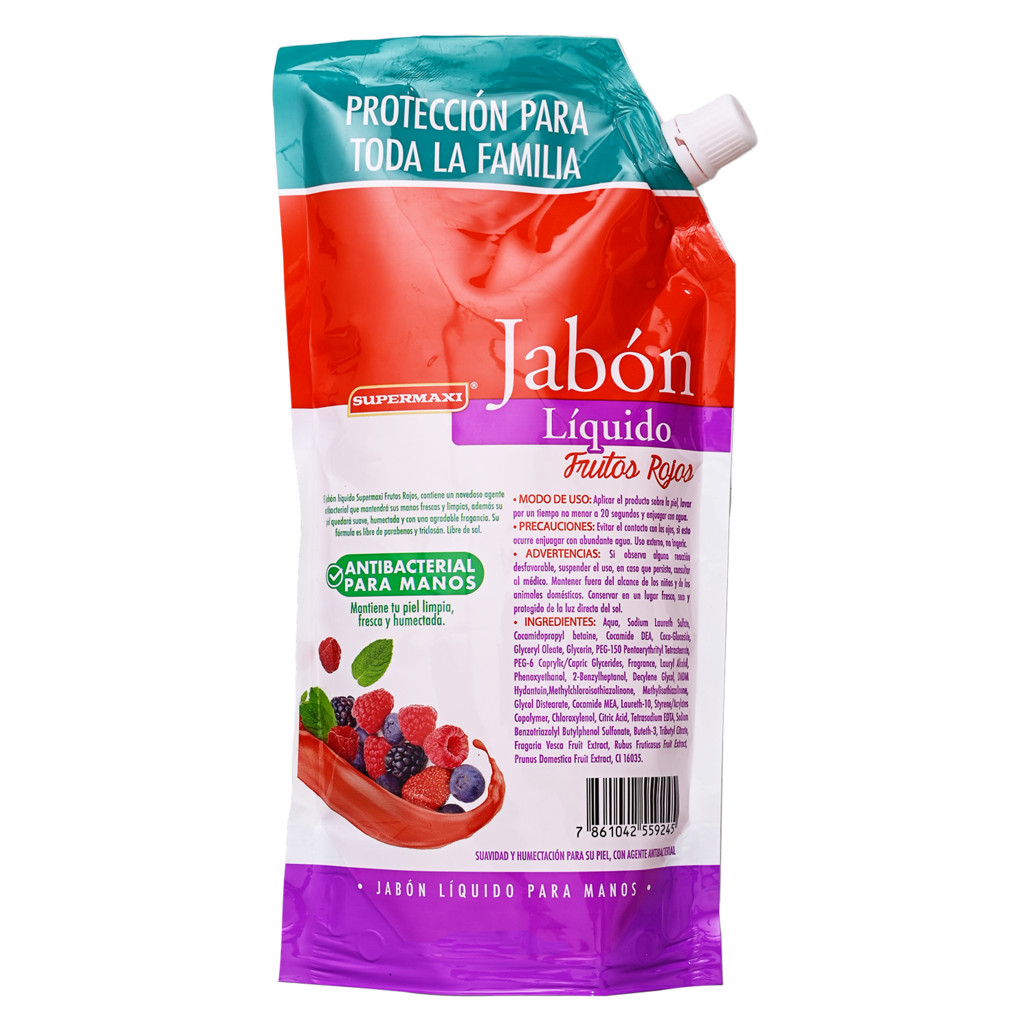 Jabón Líquido Antibacterial De Frutos Rojos Doy Pack SUPERMAXI 500 Ml