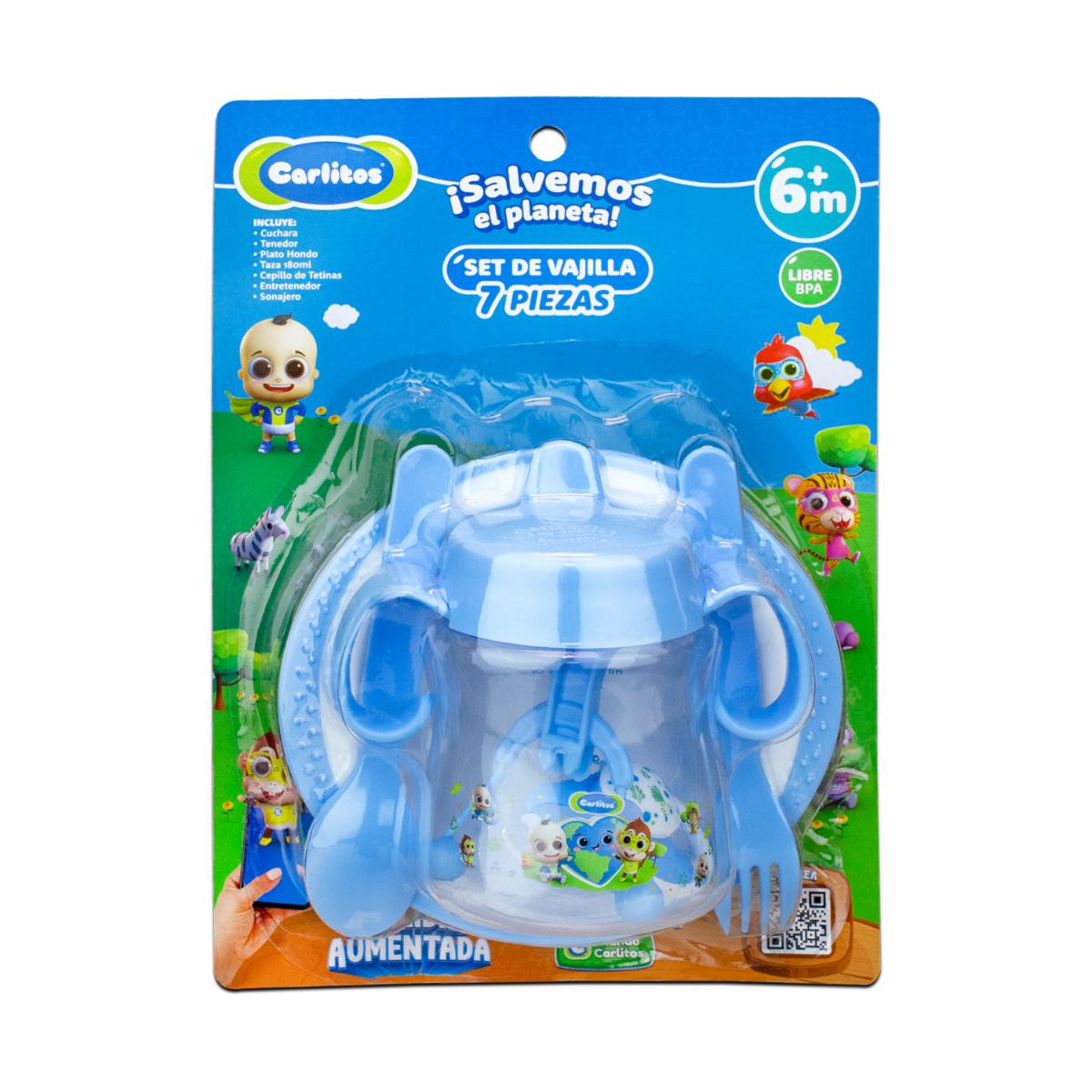 Vajilla Infantil Plato + Vaso + Utensilios + Artículos De Limpieza CARLITOS X 7 Uds