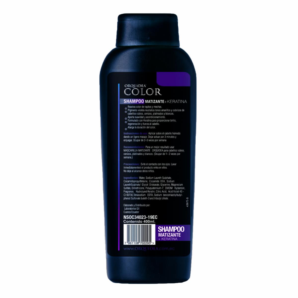 Shampoo De Cabello Matizante + Keratina Libre De Sal ORQUÍDEA 400 Ml