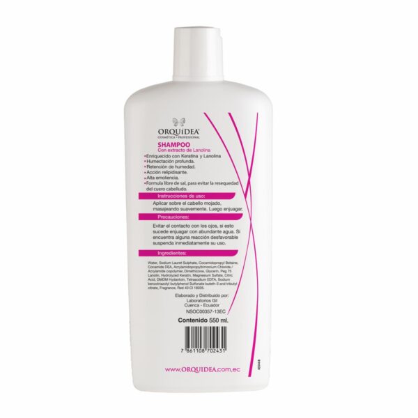 Shampoo Capilar Lanolina + Keratina Libre De Sal ORQUÍDEA PROFESSIONAL 550 Ml - Imagen 2