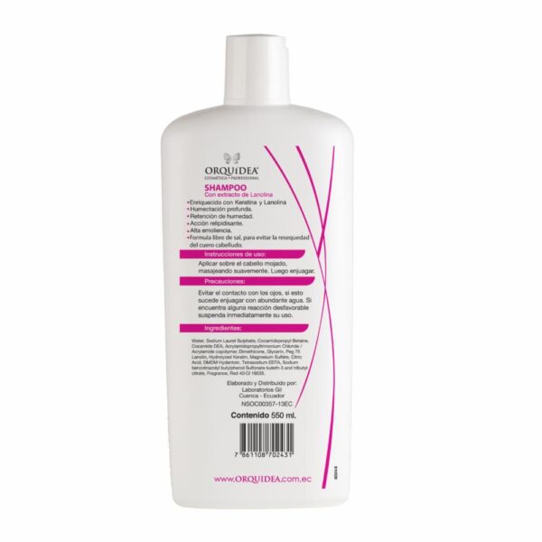 Shampoo Capilar Lanolina + Keratina Libre De Sal ORQUÍDEA 550 Ml - Imagen 2