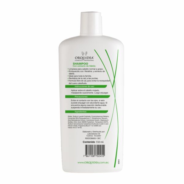Shampoo Capilar Sábila + Keratina Libre De Sal ORQUÍDEA PROFESSIONAL 550 Ml - Imagen 2