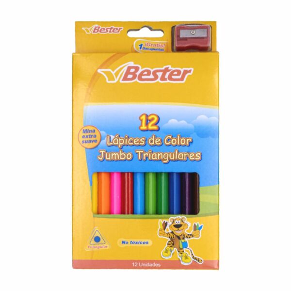 Lápiz De Colores Jumbo Triangular X12 Sacapuntas BESTER X 6 Uds