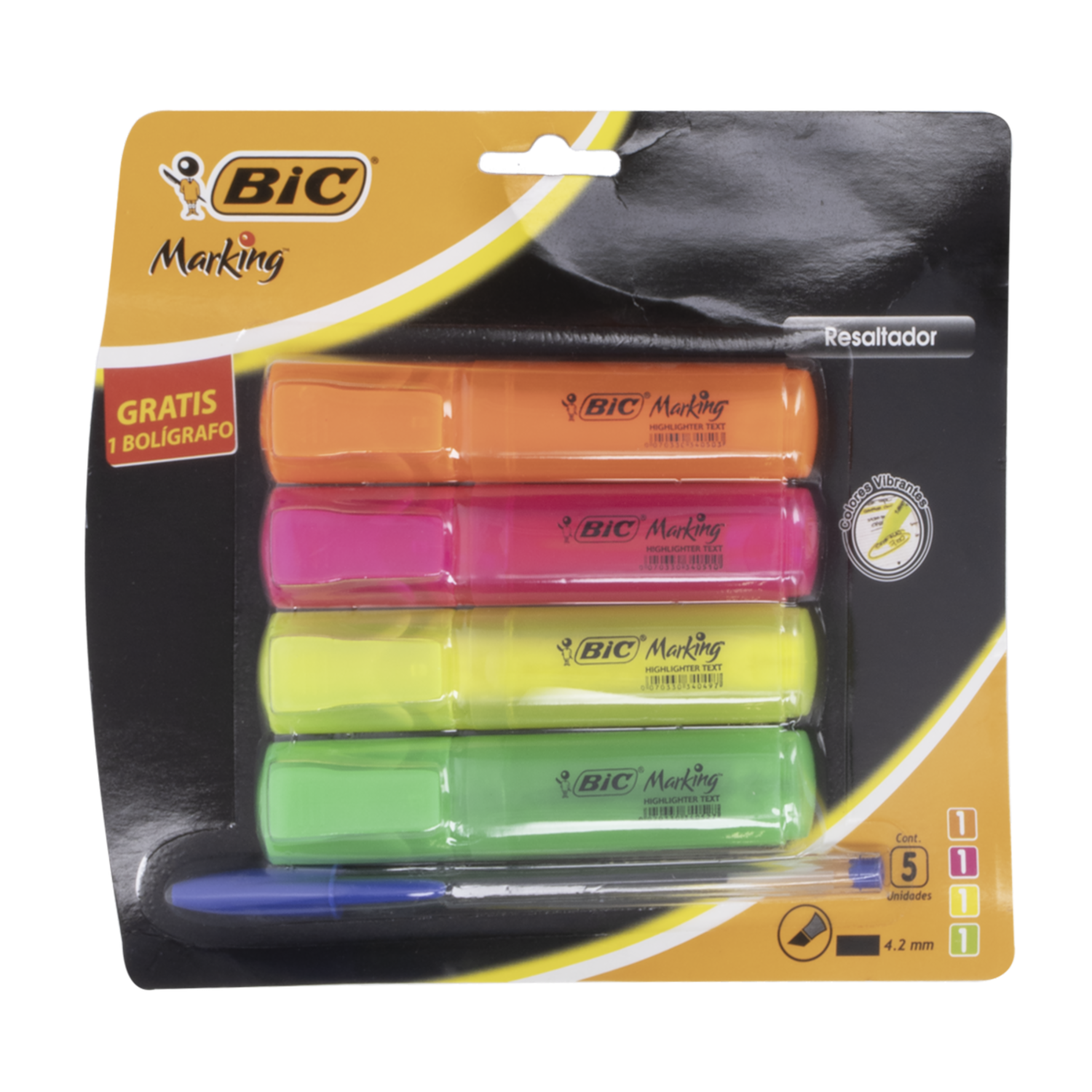 Resaltador De Texto Amarillo Rosado Verde Naranja BIC X 4 Uds
