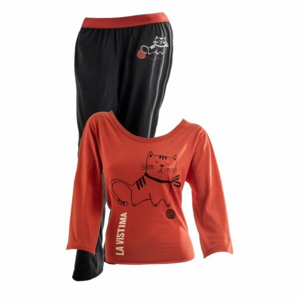 Pijama Para Dama Camiseta Manga Larga Con Pantalón Negro Con Rojo Grande BAMBOLOO - Imagen 3