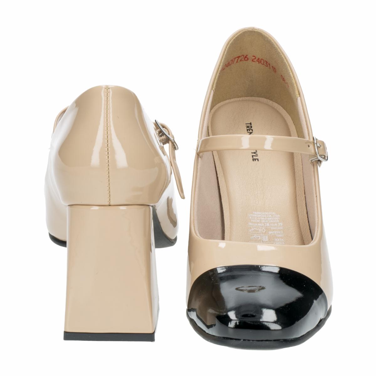 Zapato De Tacón Grueso Beige Con Punta Negra TREND & STYLE - Imagen 3