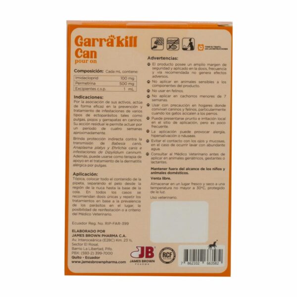 Pipeta Antiparasitario Para Perro De 5 a 15 Kg GARRA KILL 1,5 Ml - Imagen 3