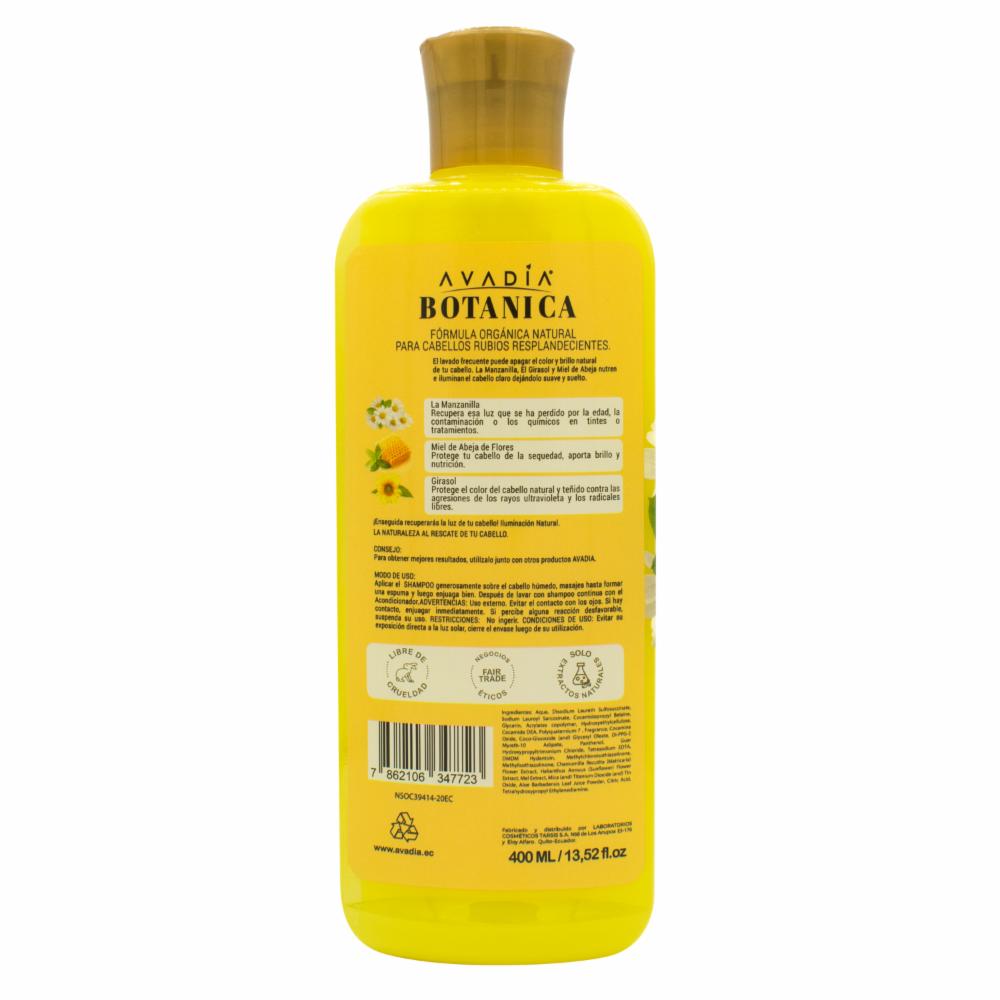 Shampoo Para Cabello Botánica Manzanilla Miel Y Girasol AVADÍA 400 Ml - Imagen 2