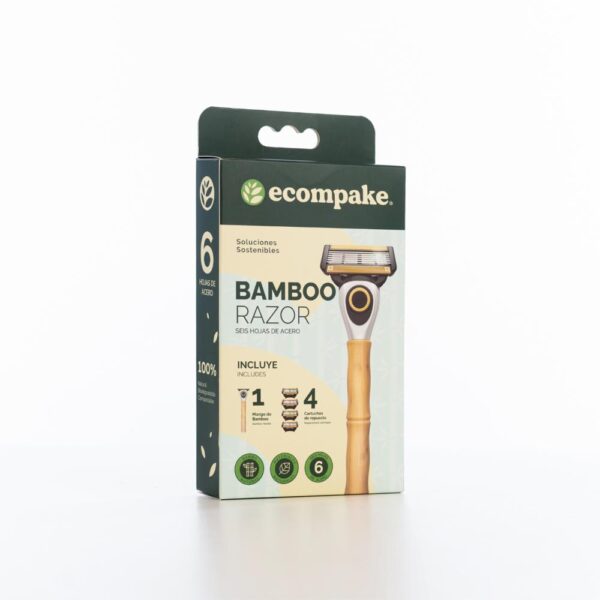Máquina De Afeitar Para Hombre Mango De Bambú 6 Hojas De Acero ECOMPAKE Con 4 Cartuchos