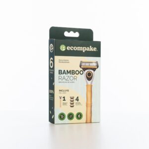 Afeitadora Hombre Mango De Bambú 6 Hojas De Acero ECOMPAKE Con 4 Cartuchos