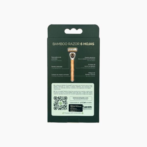 Máquina De Afeitar Para Hombre Mango De Bambú 6 Hojas De Acero ECOMPAKE Con 4 Cartuchos - Imagen 2