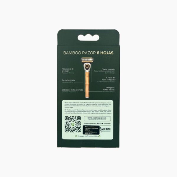 Máquina De Afeitar Para Hombre Mango De Bambú 6 Hojas De Acero ECOMPAKE Con 4 Cartuchos - Imagen 2