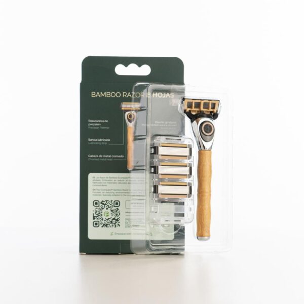 Máquina De Afeitar Para Hombre Mango De Bambú 6 Hojas De Acero ECOMPAKE Con 4 Cartuchos - Imagen 3