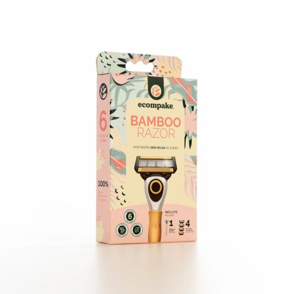 Máquina De Afeitar Para Mujer Mango De Bamboo 6 Hojas De Acero ECOMPAKE Con 4 Cartuchos