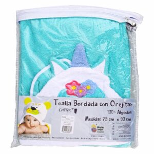 Toalla Para Bebé Bordada Con Orejitas Diseño Unicornio DULCE SUEÑOS 75X90Cm