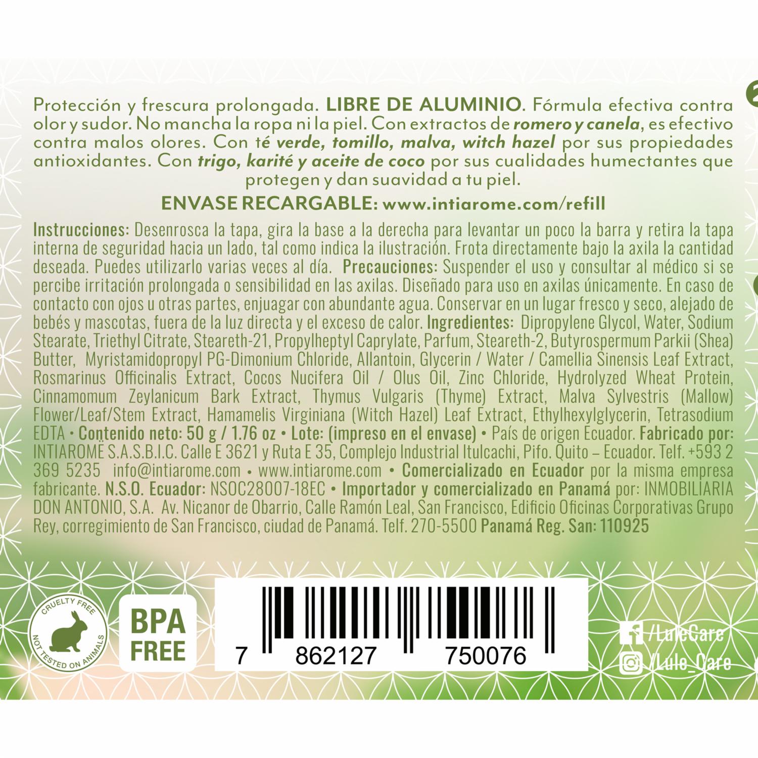Desodorante En Barra Natural Sin Aluminio Refreshing Verbena LULË CARË 50 G