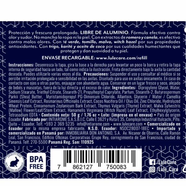 Desodorante En Barra Natural Sin Aluminio Simply Fresh LULË CARË 50 G - Imagen 2