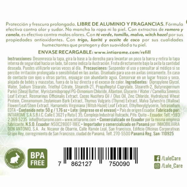 Desodorante En Barra Natural Sin Aluminio Simply Naked Fragance Free LULË CARË 50 G - Imagen 2