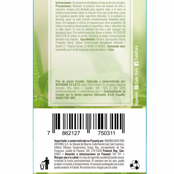 Difusor Ambiental Para Auto Fragancia Peaceful Verbena LULË AROMË 5 Ml - Imagen 2