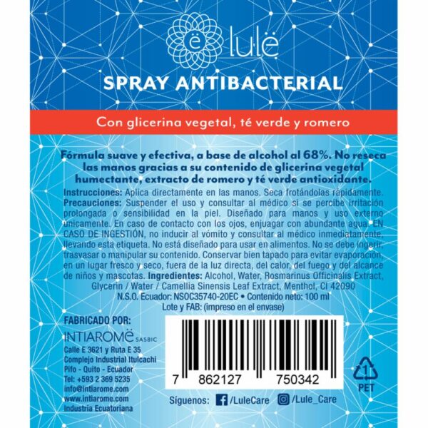 Spray Antibacterial Para Manos No Reseca LULË 100 Ml - Imagen 2