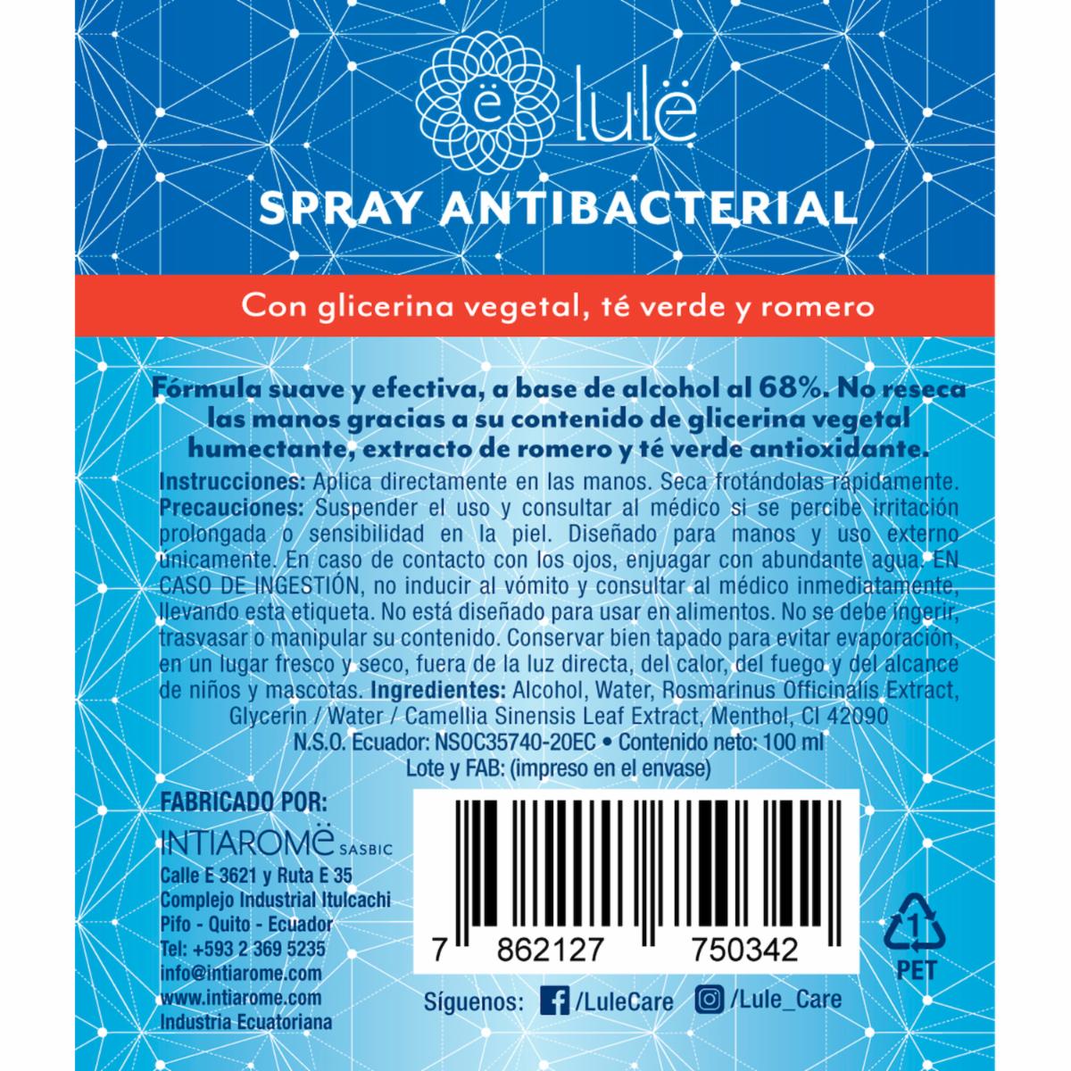 Spray Antibacterial Para Manos No Reseca LULË 100 Ml