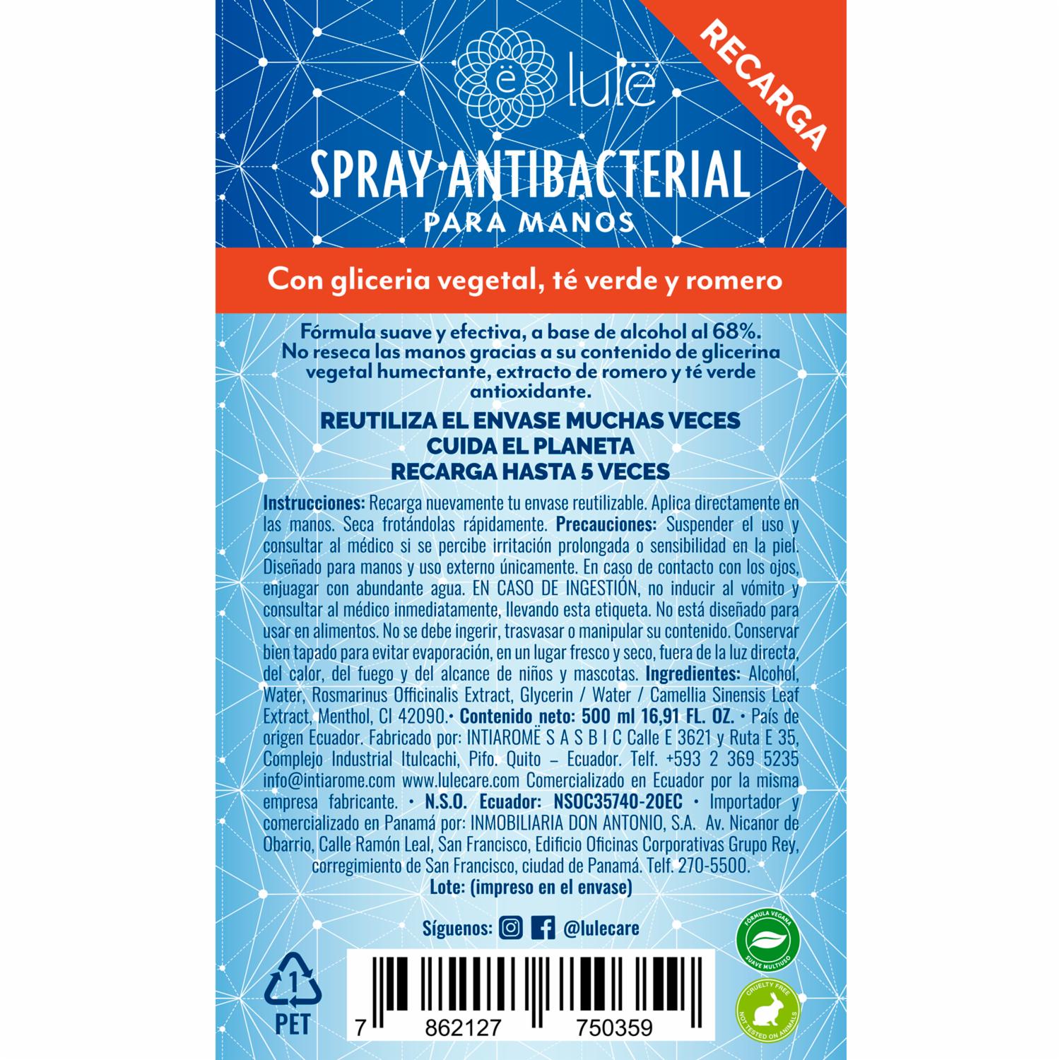 Spray Antibacterial Para Manos No Reseca Refill LULË 500 Ml - Imagen 2