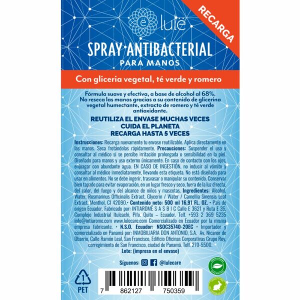 Spray Antibacterial Para Manos No Reseca Refill LULË 500 Ml - Imagen 2