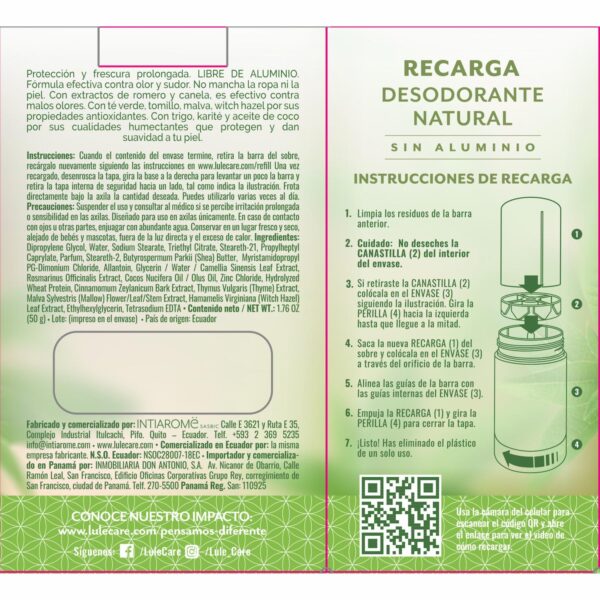 Desodorante En Barra Natural Sin Aluminio Refreshing Verbena Recarga LULË CARË 50 G - Imagen 2