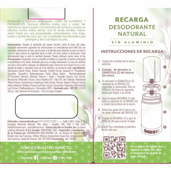 Desodorante En Barra Natural Sin Aluminio Simply Naked Fragance Free Recarga LULË CARË 50 G - Imagen 2